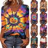 Women's Casual Halloween Printed V Neck Three Quarter Sleeve Top Tie Dye Pumpkin Bat Pattern Lightweight Blouse for Fall