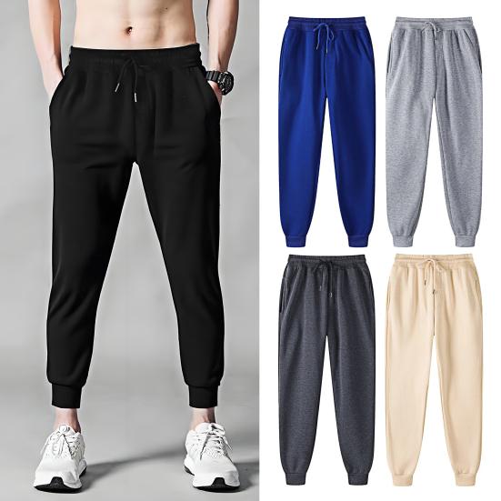 Men Sweatpants Mid-rise Elastic Waist Adjustable Drawstring Sport Pants with Pockets Solid Color Casual Trousers Daily Wear