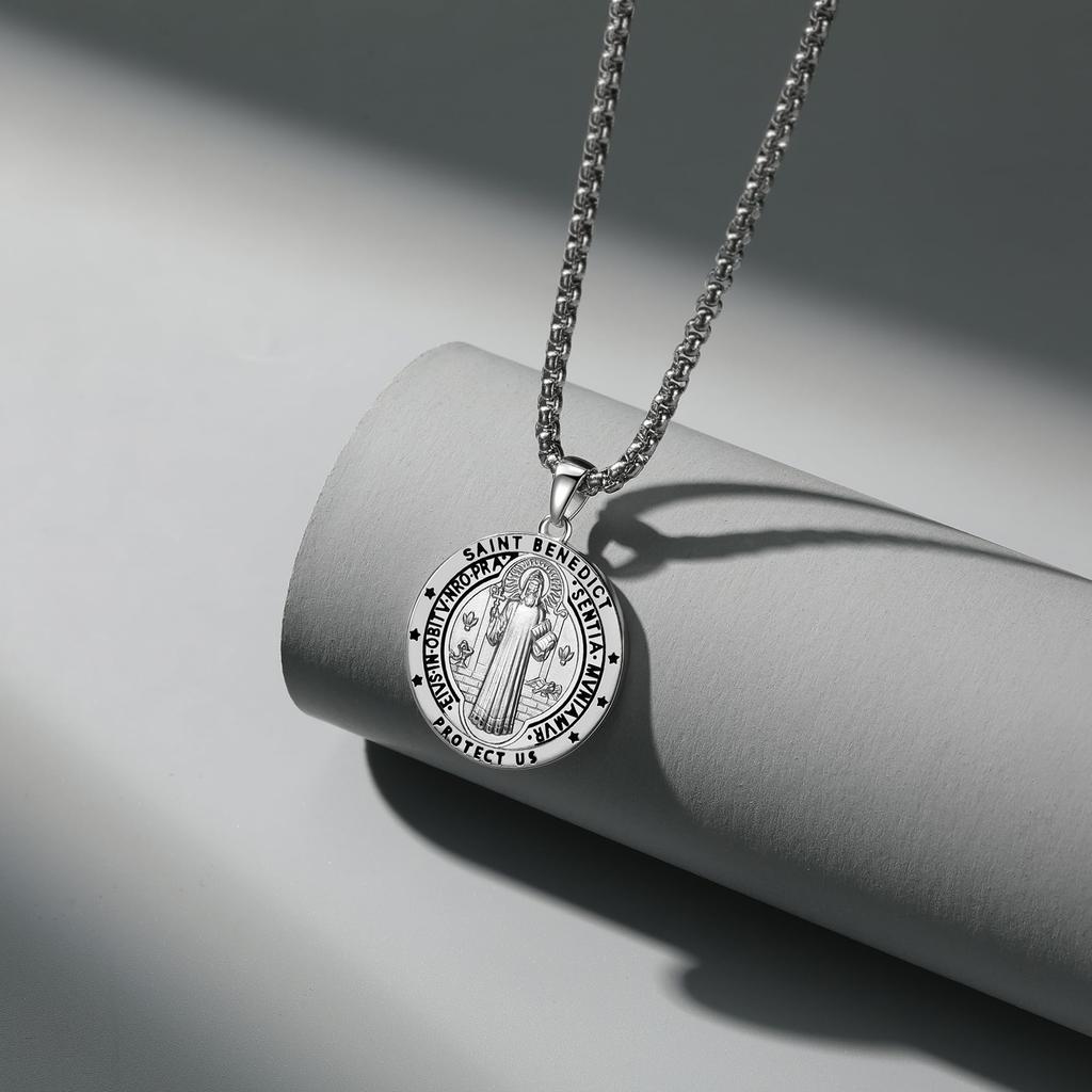Náhrdelník Benedikt oboustranný stříbrný přívěsek sterlingové stříbrné medaile katolická církev nerezová ocel řetízek amulet narozeniny výročí dárek