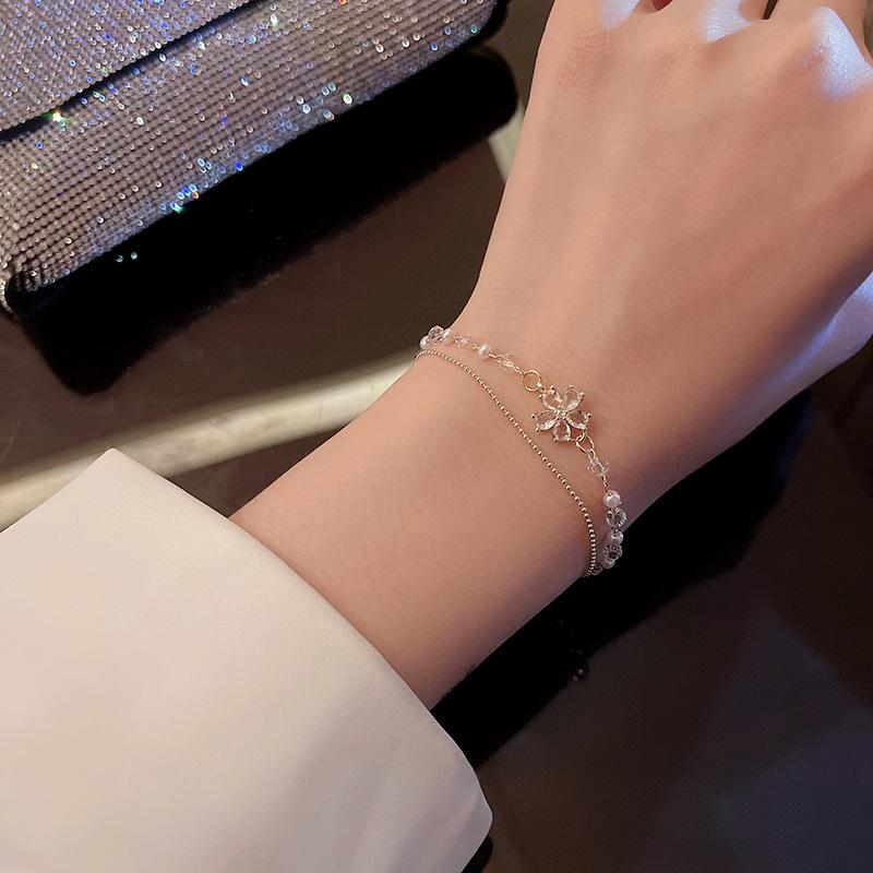 Trendy Titanium Steel Double Pearl & Zircon Flower Pendant Bracelet for Women - Korean Fashion Jewelry