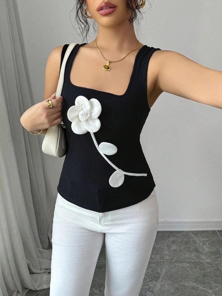 Sleeveless Women's Knitted Shirt with 3D Flowers - European & American Style