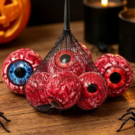 Spooky Scene Setter Props Halloween Hanging Eyeballs Decoration, 4 Pcs Scary Realistic Fake Blood Eyes in Gory Table Decorations Net Bag for