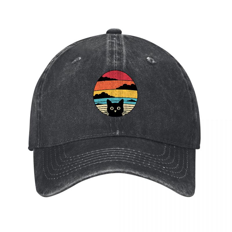 Vintage Sunset Cat Logo Washed Canvas Baseball Cap Classic Retro Design Comfortable Adjustable Fit Unisex Streetwear Style Hat