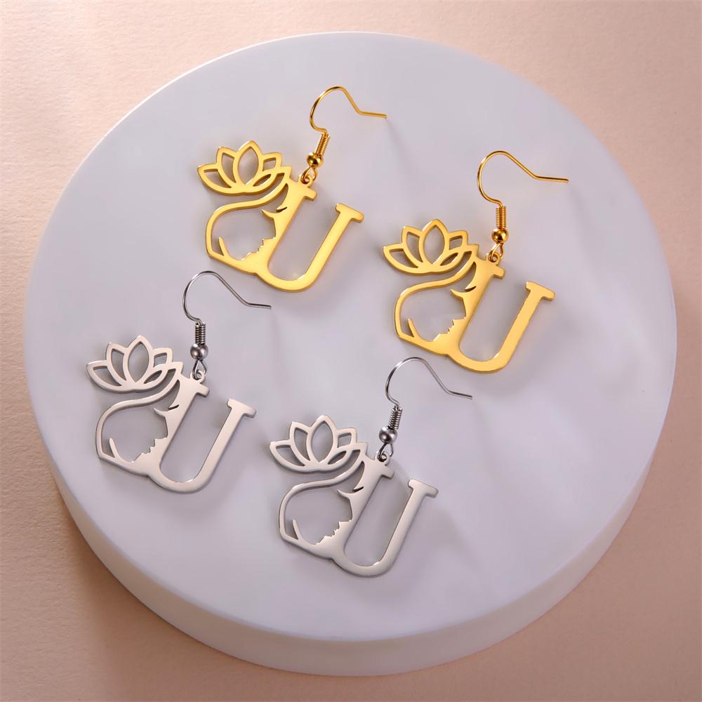 My Shape Beauty Flower Letter Drop Earrings for Women A-Z Alphabet Initials Lotus Stainless Steel Fashion Jewelry Kids Female