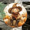 2D Flat, 1pc Fall Harvest Cute Scarecrow Pumpkin Maple Leaf Round Metal Hanging Sign, Vintage Rustic Autumn Thanksgiving Front Door Craft Plaque