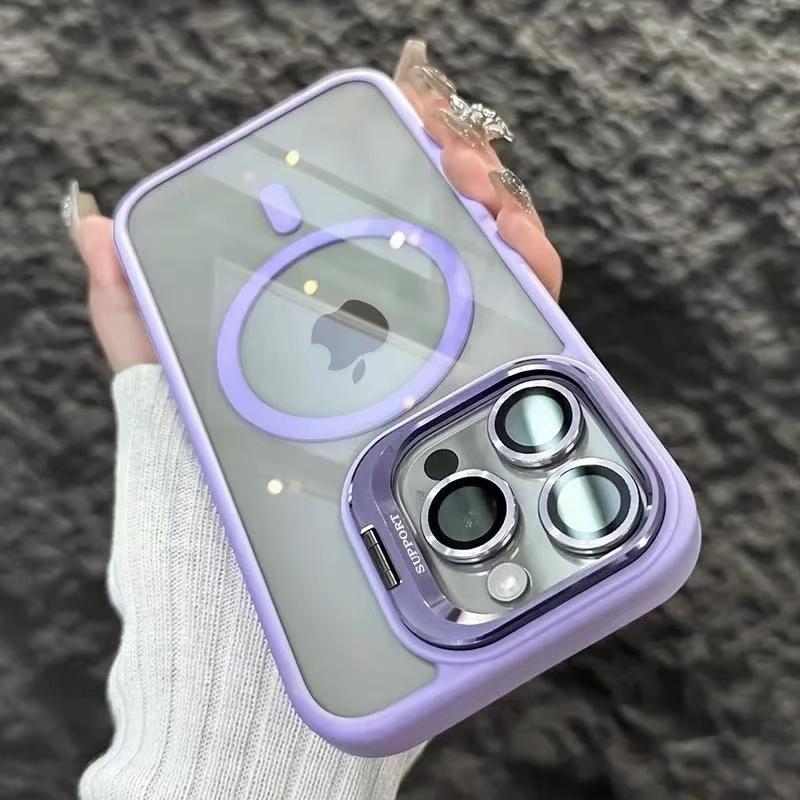 Luxury Magnetic Shockproof Phone Case For iPhone 16 Pro Max 16E 15 14 13 12 11 Plus Pro Funda Stand Glass Lens Protection Cover