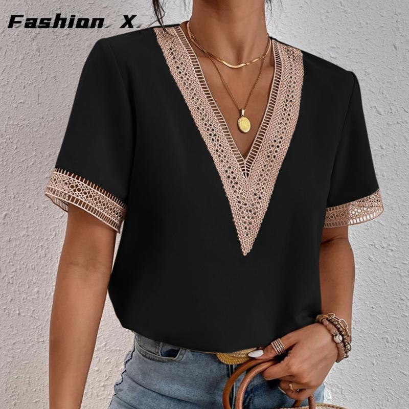 Damen Kurzarm Shirt Sommer T-Shirt V-Ausschnitt Spitze Lockeres Oberteil