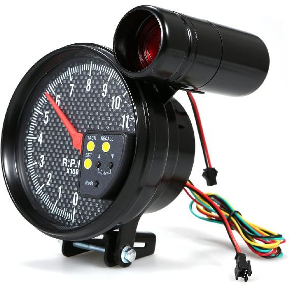 Shkalacar 5 Inch Tachometer Gauge Carbon Fiber 7 Colors Backlight, 0-11,000 RPM Measurement, Optional With LED Pointer