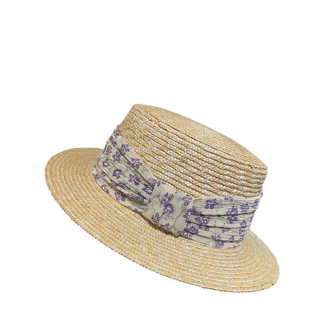 High-end Straw Straw Hat, Flat Top, Small Brim, Floral Summer Visor Hat, Women's Photo Vacation Fashion Sun Hat