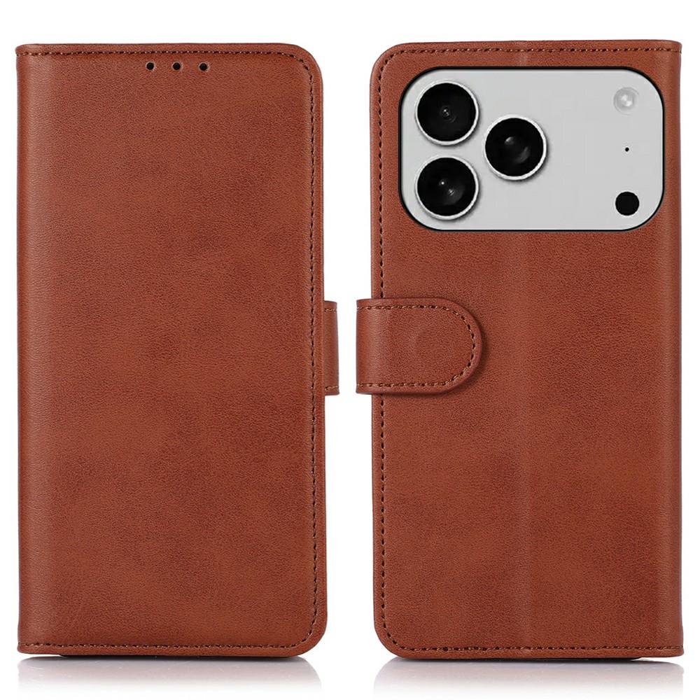 

For iPhone 17 Pro Case Cowhide Texture Leather Wallet Phone Cover with Stand Brown