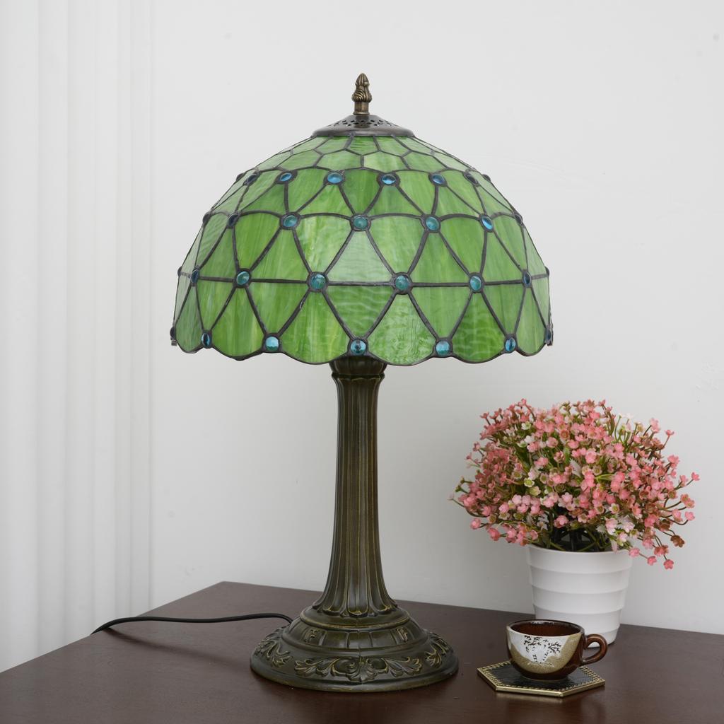 Green Christmas Table Lamp Stained Glass Bedside Table Lamp Desk Reading Light 12 Inches Bedroom Home Office Decor Lamp