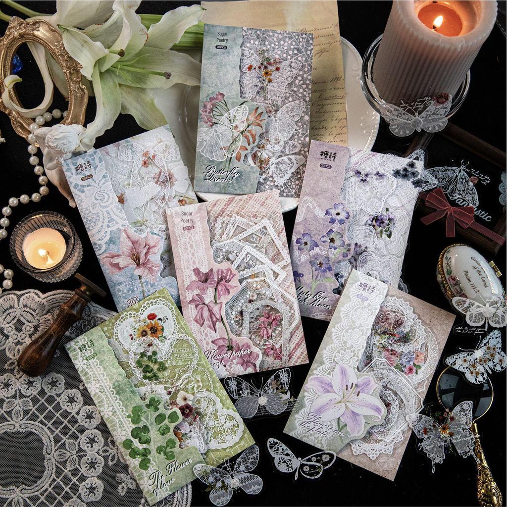 Lace Floral Dance: Retro Floral & Butterfly Sticker Pack for Journals
