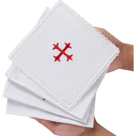 4 Pack Altar Supplies Linen Corporal for Churches Set(Pall,Corporal,Purificator,Towel),White Linen Altar Cloth Red Cross Embroidery,Mass Kit Catholic