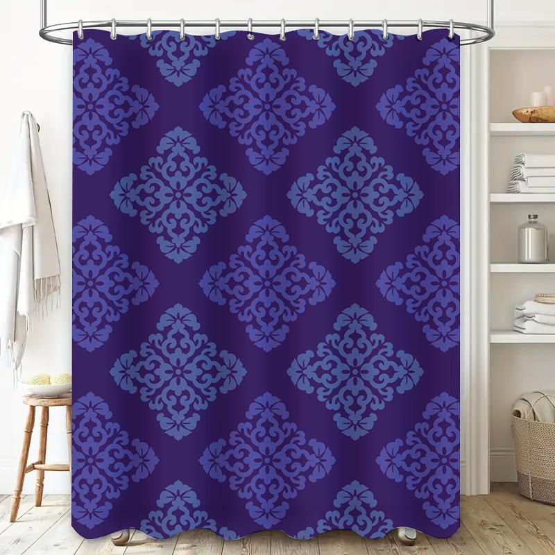 Lila Blå Damask Duschdraperi Set Dekorativ Badrumsmatta Med Krok, 72 X 84 Tum