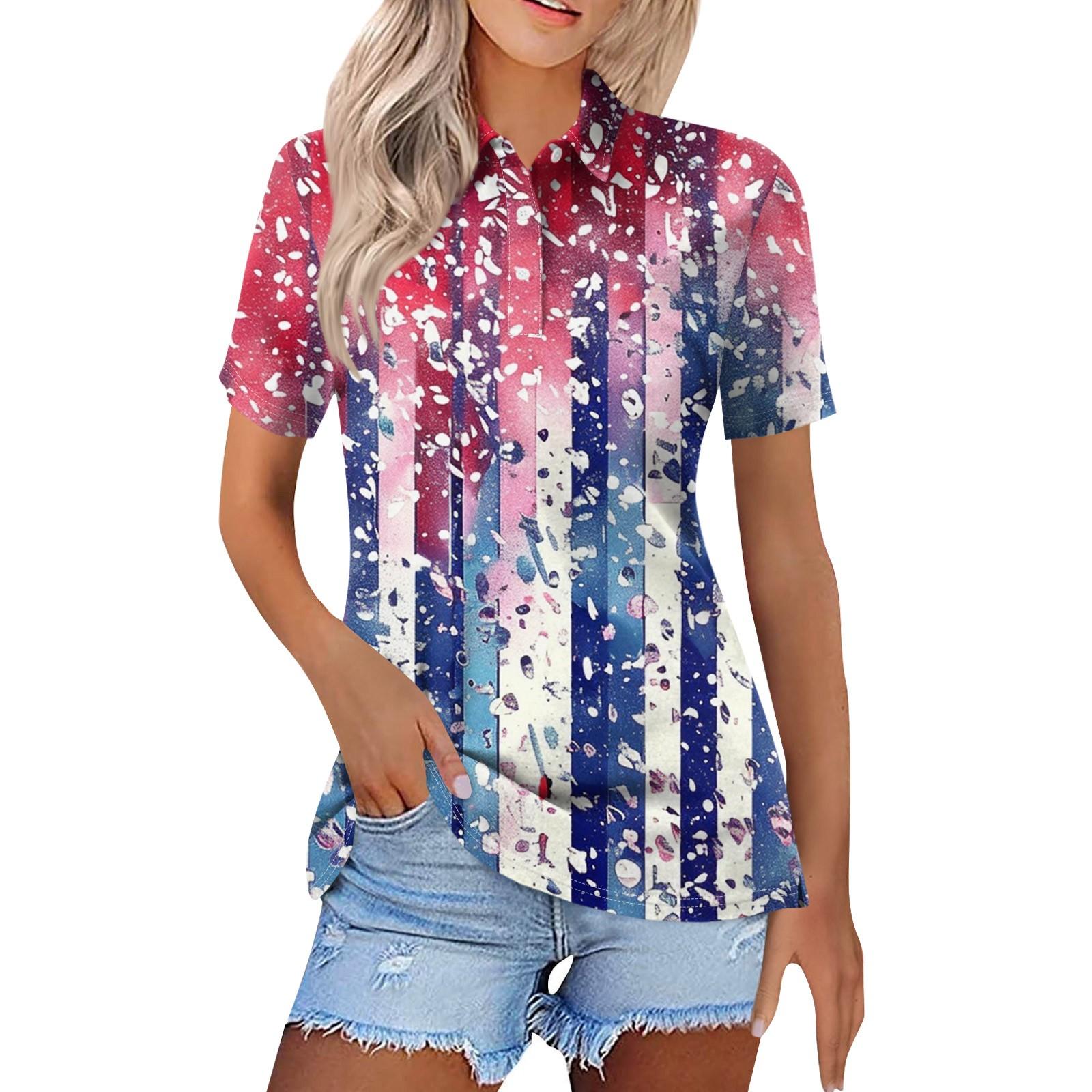 

Женская модная повседневная рубашка с отворотом и коротким рукавом с принтом ко Дню независимости, женские топы на пуговицах XXL