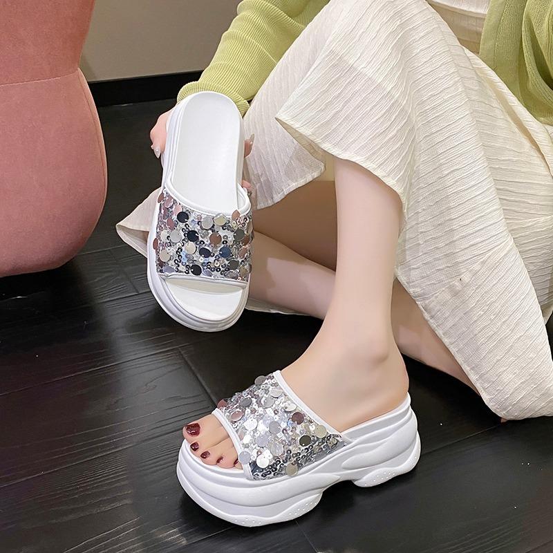 Fashion 8CM Non-slip Outdoor High Platform Rhinestone Mule Shoes Woman New Summer Sandals Ladies Brand Design Bling Wedge Slide Slipper