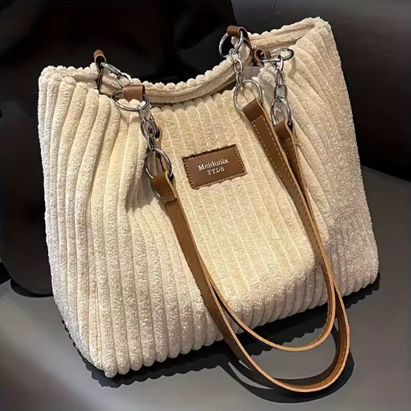 Stylish Soft Corduroy Tote Bag for Women Large Plush Shoulder Bag with Zip Large Capacity Women's Handbag