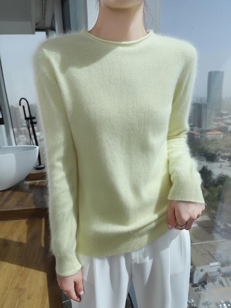 2025 Women's Mink Cashmere Sweater: Semi-High Neck, Rolled Edge Knitted Pullover for Spring & Autumn