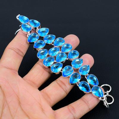 Swiss Blue Topaz Gemstone Handmade 925 Sterling Silver Bracelet, Silver Gemstone Bracelet, Swiss Blue Topaz Stone Bracelet, Unisex Bracelet