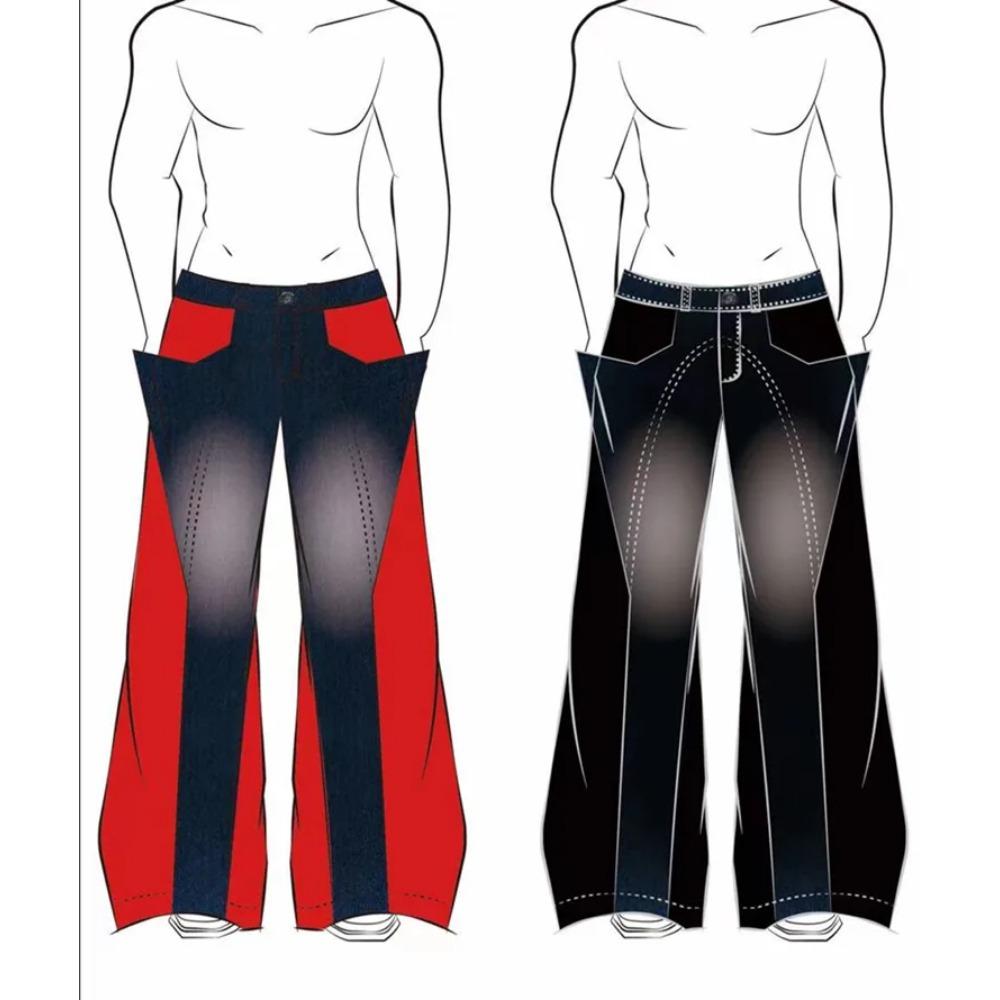 ZYLLO Y2K Streetwear Red Pu Leather Patchwork Baggy Jeans Pants For Men Designer Clothes Wide Leg Loose Denim Trousers