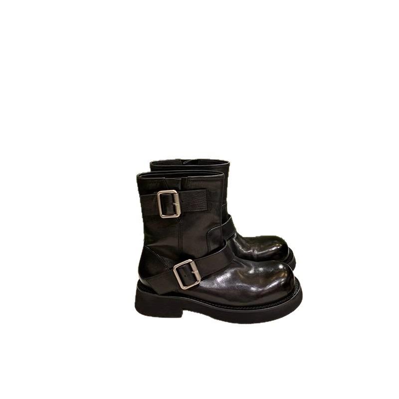 Washed Horse Leather Double Buckle Thick Heel Platform Locomotive Short Boots Women's Western Short Boots