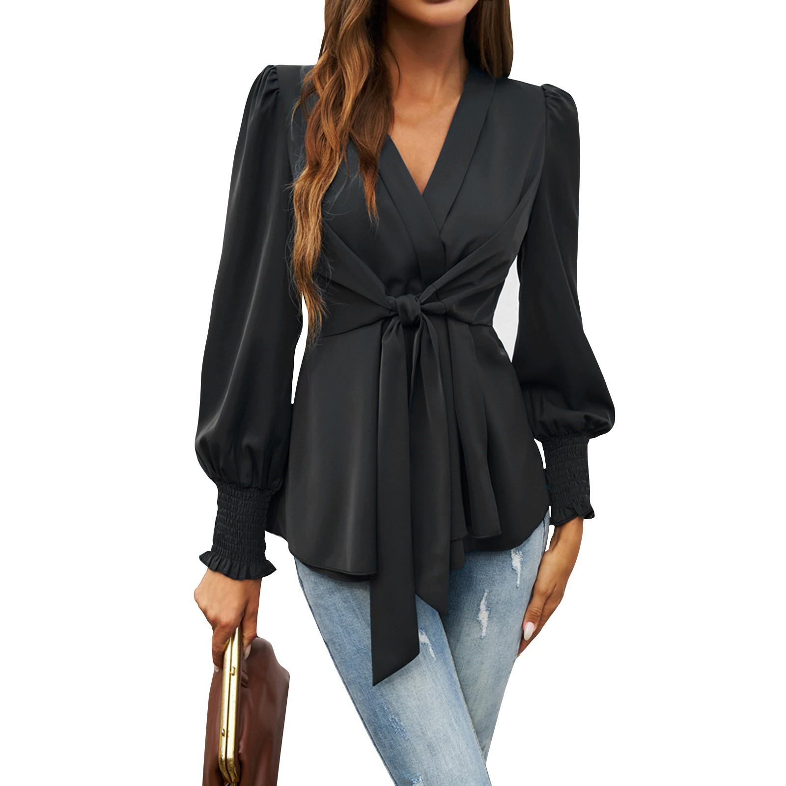 Women s Color Elegant V-Neck Belted Waist Shirt Top L чёрный