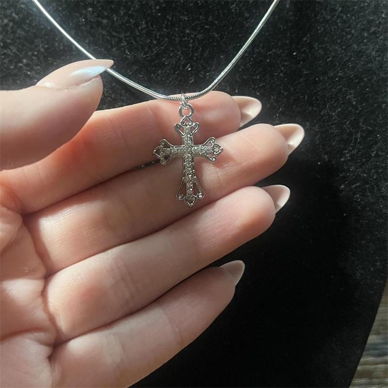 Handmade Gothic Stainless Steel Snake Cord Necklace With Mini Rhinestone Cross Pendant