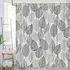 1 Piece Grey Leaf Pattern Shower Curtain With Hooks, Polyester Fabric Bathroom Divider, Modern Home Room Decor Accessory