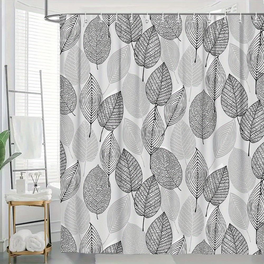 1 Piece Grey Leaf Pattern Shower Curtain With Hooks, Polyester Fabric Bathroom Divider, Modern Home Room Decor Accessory