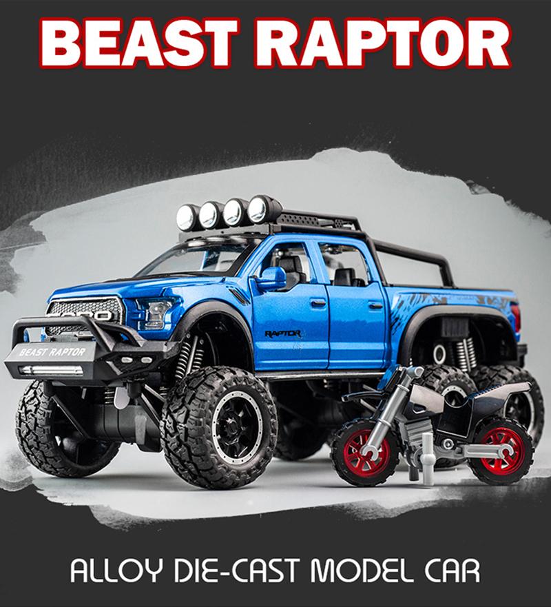 1/28 Ford Raptor F150 Alloy Car Model Diecast Toy Metal Modified Off-Road Vehicles Car Model Sound Light Collection Kids Gifts