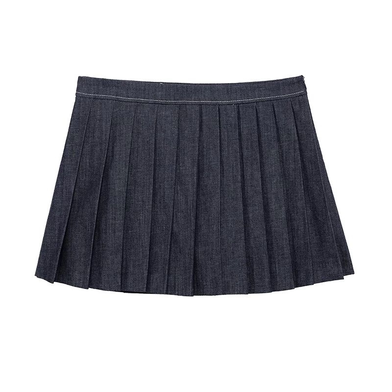 

Miu Mid-Ancient Denim Suit American vintage Preppy Denim jacket Outerwear High Waist Pleated Skirt Two-piece Set Dark blue overskirt L