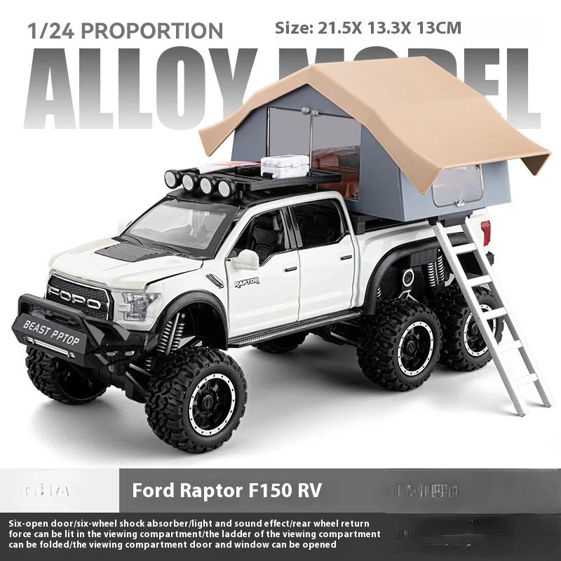 1:24 Ford Raptor F150 Camping RV Off Road Pickup Truck Alloy Metal Diecast Model Car Sound & Light Toys Gifts For Kids C336