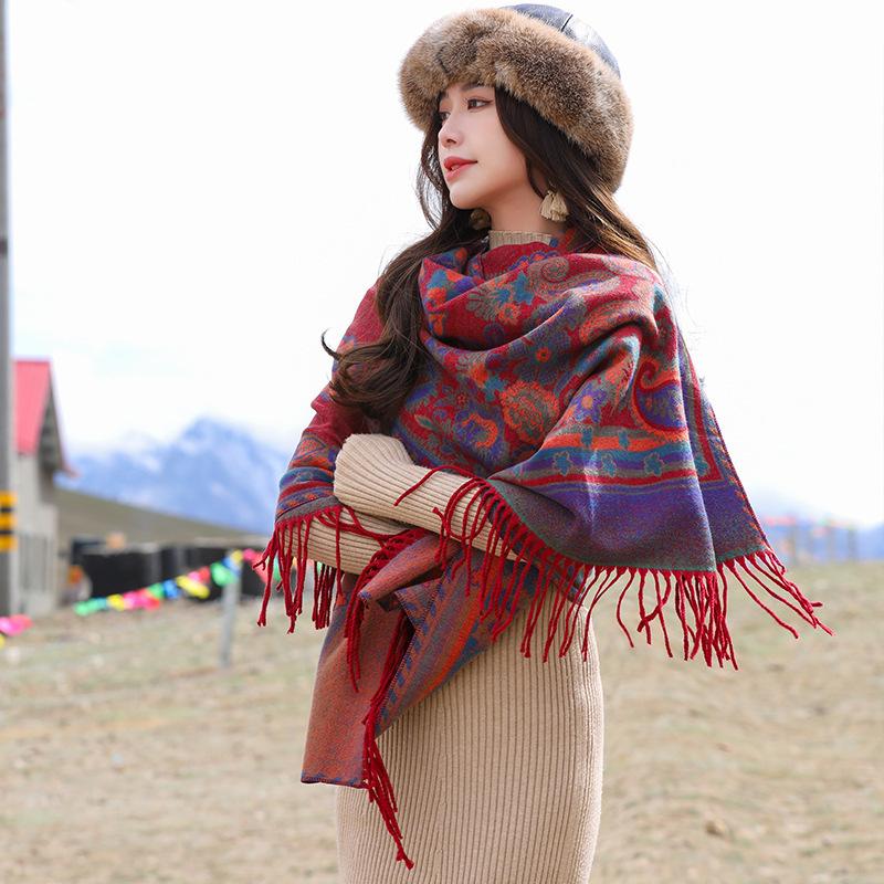 The photo is so beautiful~ Red travel scarf Qinghai Xizang desert ethnic style imitation cashmere thermal shawl women's cape