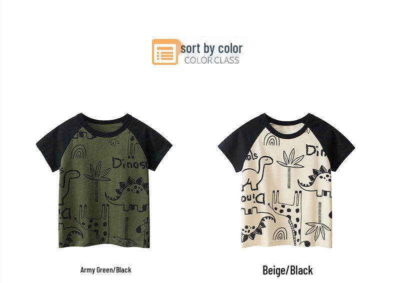 27kids Boys' Dinosaur Cartoon Raglan T-Shirt, 2025 Summer Collection.