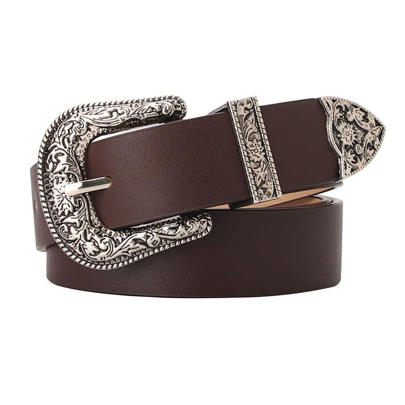 Womens PU Leather Belt With Engraved Alloy Pin Buckle Vintage Style Waistband Jeans Casual Office
