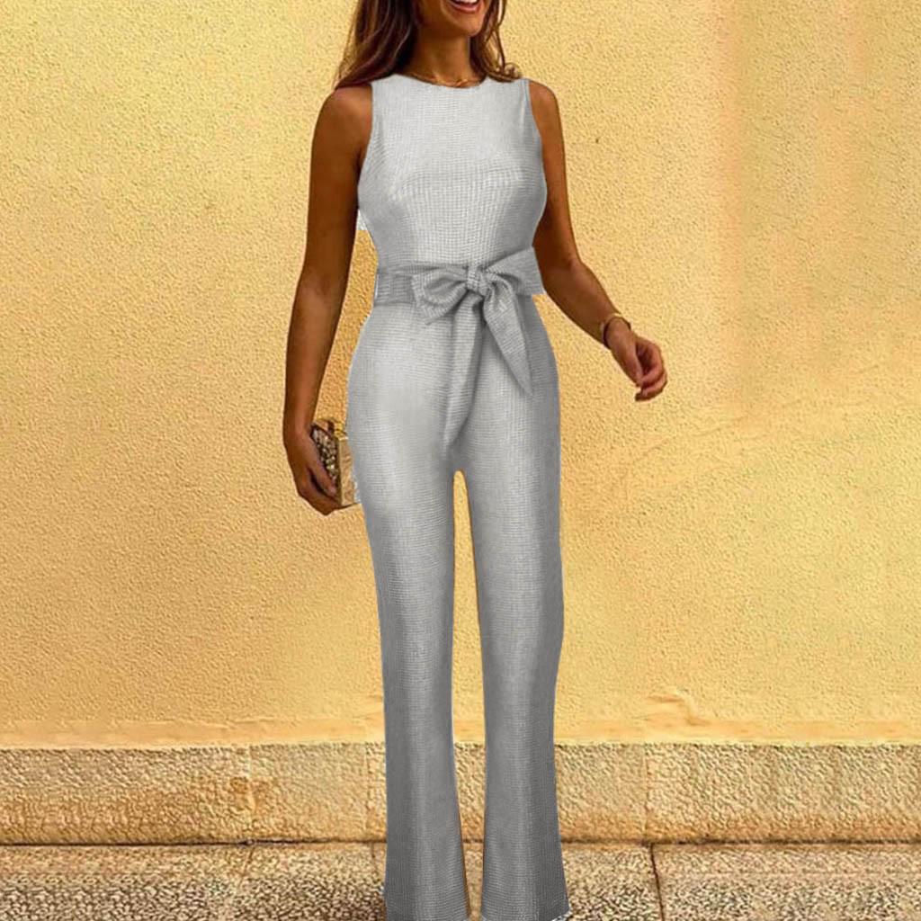Fashion Women Summer Solid Casual Sleeveless Strapless Broad-Legged Jumpsuit