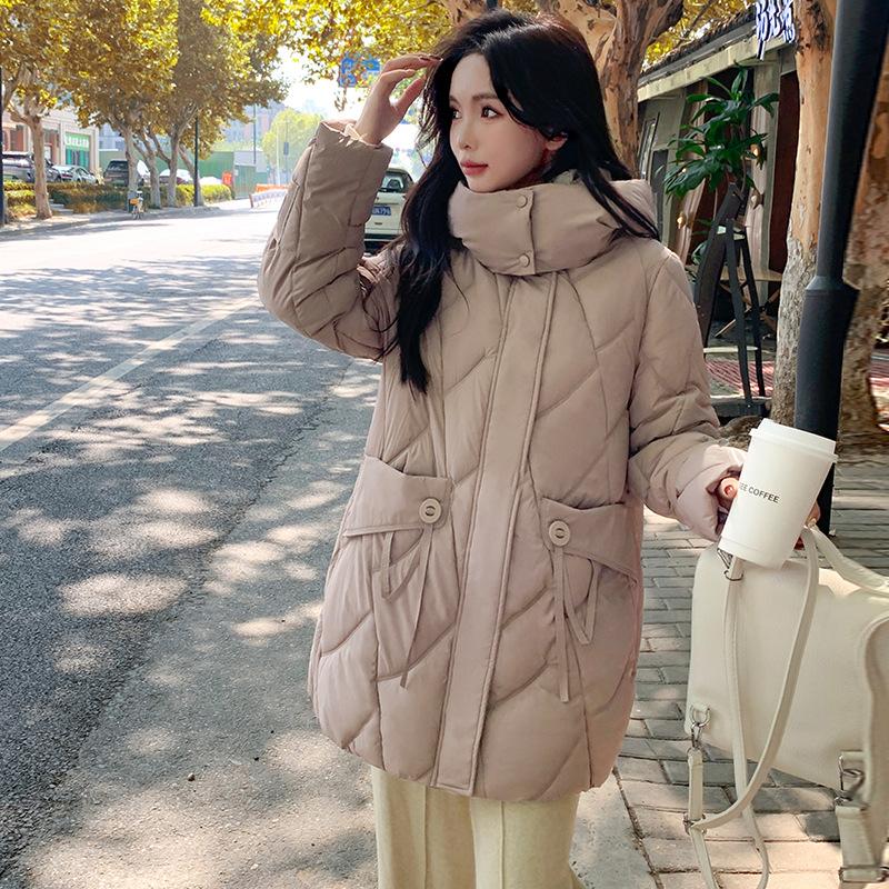 Women's Autumn and Winter Coat Solid Color Hooded Loose Thickened Windproof Mid-length Women's Jacket