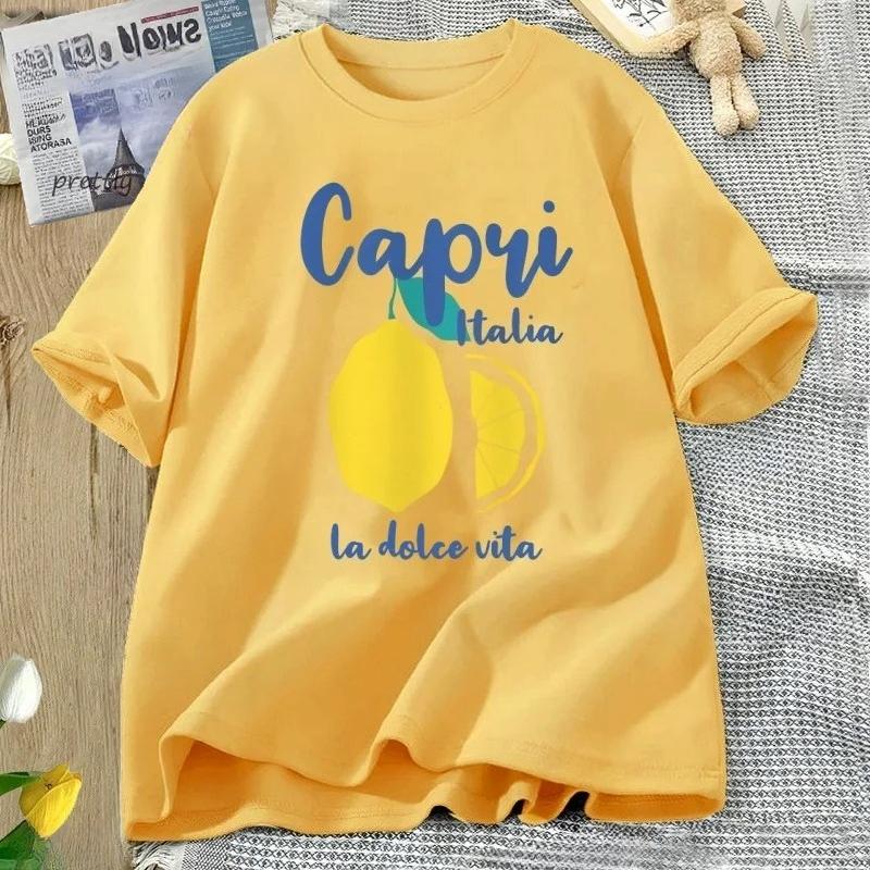 Capri Italy Lemon T Shirt La Dolce Vita Italian Girl T-Shirt Vintage Women Short Sleeve Lemon Clothes Streetwear Clothing