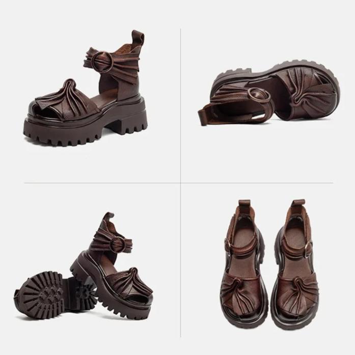 Johnature Genuine Leather Retro Pleated Thick Soled Sandals Comfortable And Breathable Women's Shoes