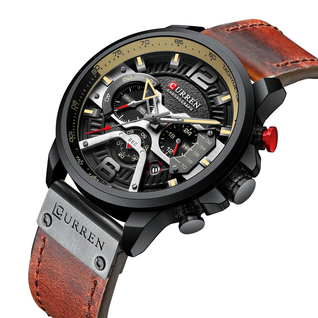 Curren 8329 Men's Six-Hand Quartz Watch with Leather Strap and Calendar