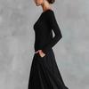 2025 Cross-Season Elegant Women's Solid Color Boat Neck Dress - Slimming Waist-Cinched Autumn/Winter New Arrival