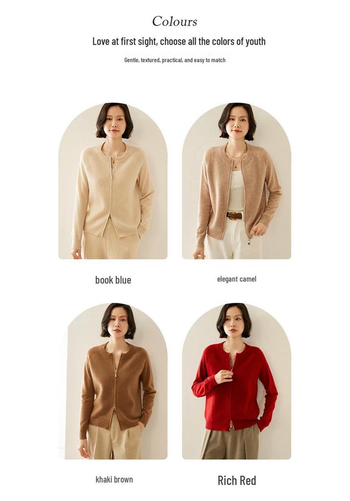 Women's Cashmere Zip Cardigan: Autumn/Winter 2025, Solid Color, Korean Style, Loose Fit, Slimming Round Neck