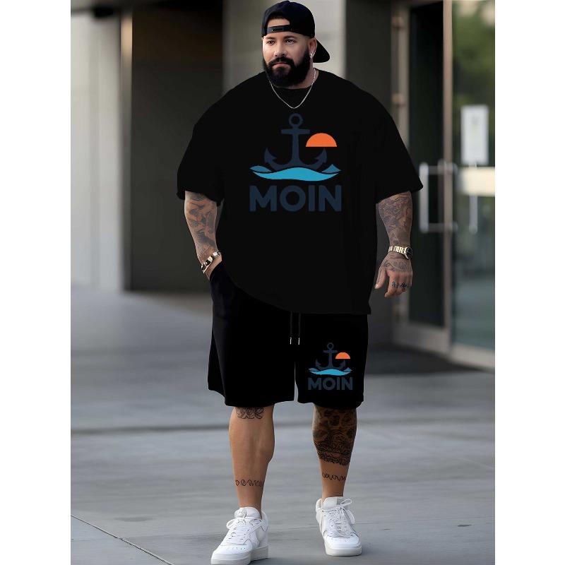 European Size Moin Men'S Plus Size Casual Short Sleeve T-Shirt - Vibrant Orange with Anchor & "MOIN" Print, Loose Fit, Breathable Summer