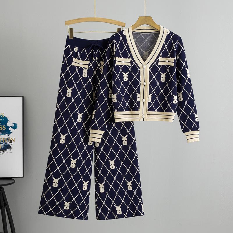 Women's Autumn/Winter Knitted Cardigan & High Waist Wide-Leg Pant Set - Little Fragrance Style Two-Piece Sweater Coat.