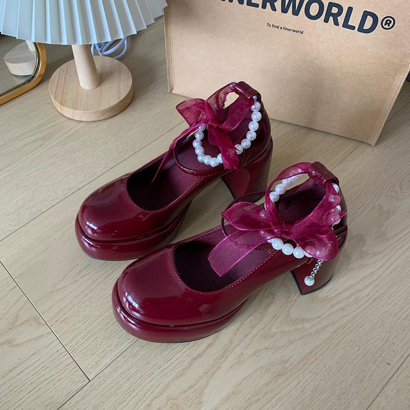 

Туфли Мэри Джейн на толстой платформе и каблуке, женские, модные, с жемчужным ремешком на щиколотке, элегантные, для стриптиз-вечеринок 35 красный