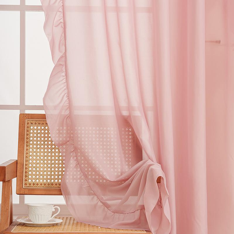 Solid Color Curtain Curtain Finished Product, Simple Wind, Solid Color Ruffle Leaf Edge, Light-Transmitting Thin Window Screen
