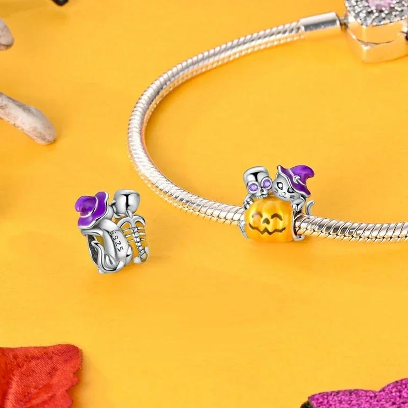 Anhänger Kompatibel Mit Authentischen Armbändern Halloween Leuchtet im Dunkeln Mattschwarz Boo Geist Gruselige Kürbis Schädel Kupfer Anhänger Perlen Anhänger Schmuck