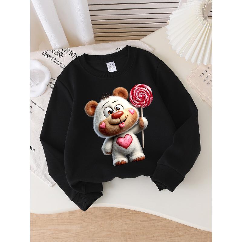 Adorable Crewneck Sweatshirt for Girls Featuring a Bear with a Lollipop Heart, Suitable for Machine Washing
