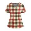 Women's Plaid Print V-Neck and Caregiver Top with Double Pockets and Split Hem Short Sleeves