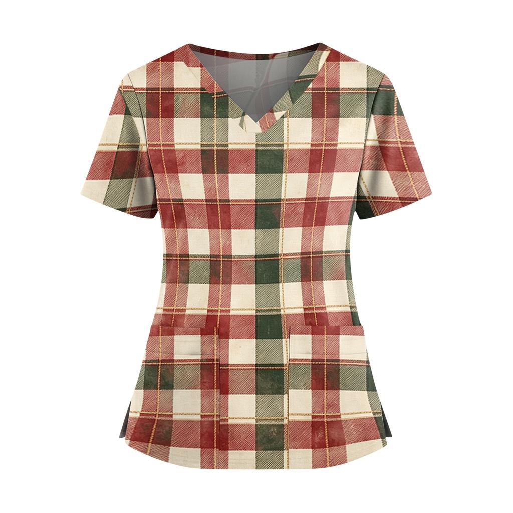 Women's Plaid Print V-Neck and Caregiver Top with Double Pockets and Split Hem Short Sleeves